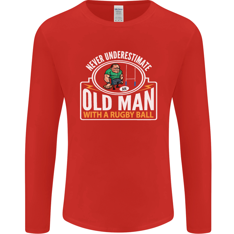 An Old Man With a Rugby Ball Player Funny Mens Long Sleeve T-Shirt Red