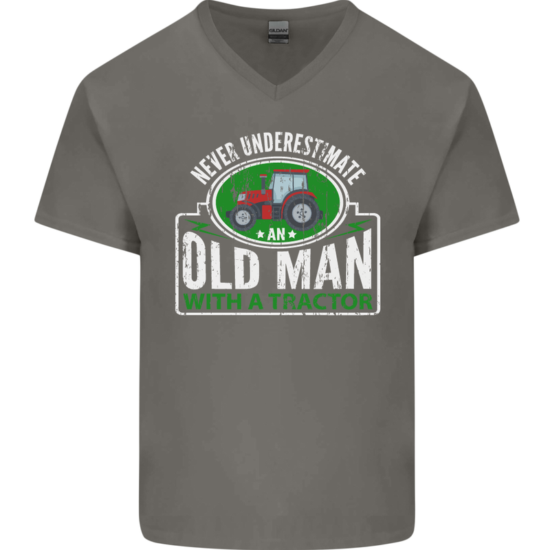An Old Man With a Tractor Farmer Funny Mens V-Neck Cotton T-Shirt Charcoal