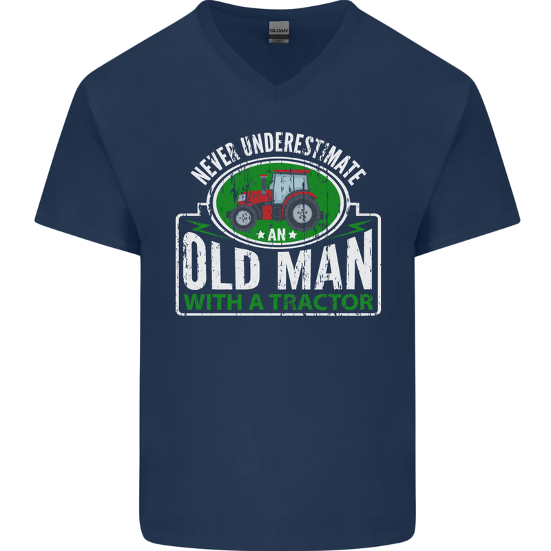 An Old Man With a Tractor Farmer Funny Mens V-Neck Cotton T-Shirt Navy Blue