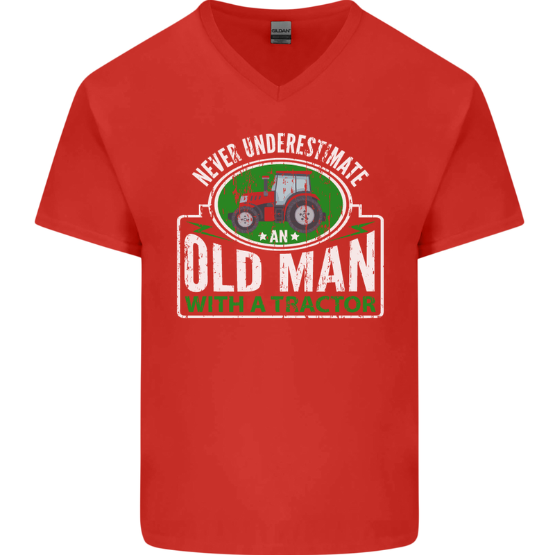 An Old Man With a Tractor Farmer Funny Mens V-Neck Cotton T-Shirt Red
