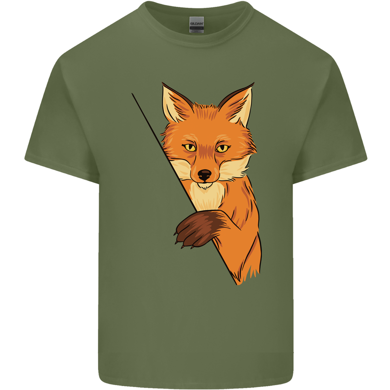 An Orange Fox Illustration Mens Cotton T-Shirt Tee Top Military Green