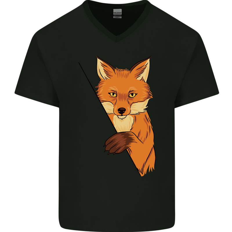 An Orange Fox Illustration Mens V-Neck Cotton T-Shirt Black