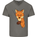 An Orange Fox Illustration Mens V-Neck Cotton T-Shirt Charcoal