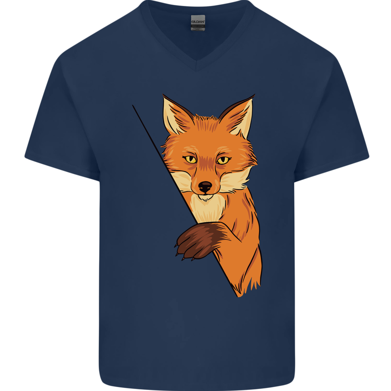 An Orange Fox Illustration Mens V-Neck Cotton T-Shirt Navy Blue