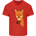 An Orange Fox Illustration Mens V-Neck Cotton T-Shirt Red