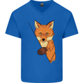 An Orange Fox Illustration Mens V-Neck Cotton T-Shirt Royal Blue