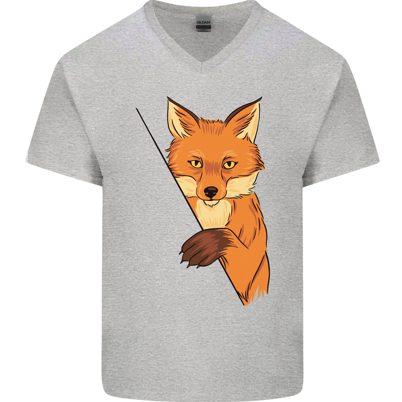 An Orange Fox Illustration Mens V-Neck Cotton T-Shirt Sports Grey