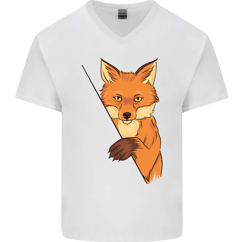 An Orange Fox Illustration Mens V-Neck Cotton T-Shirt White