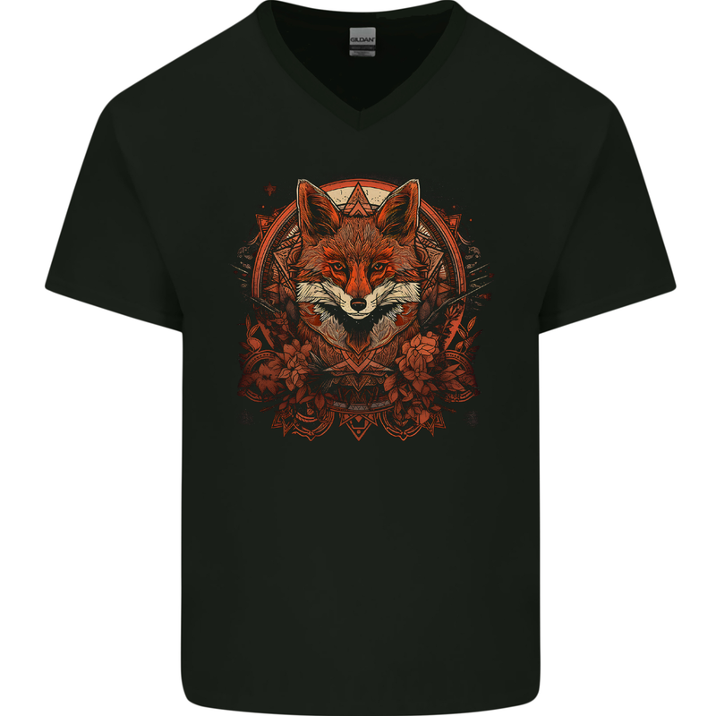 An Ornate Polygon Fantasy Fox Mens V-Neck Cotton T-Shirt Black