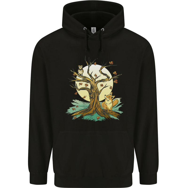 An Owl and Fox Tree Nature Ecology Childrens Kids Hoodie Black