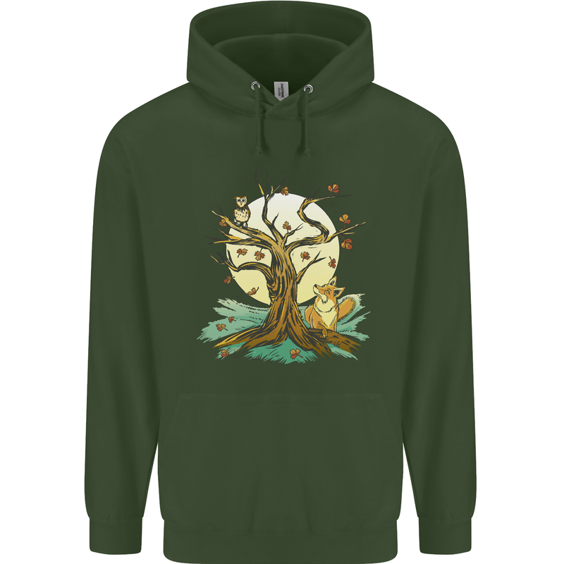 An Owl and Fox Tree Nature Ecology Childrens Kids Hoodie Forest Green