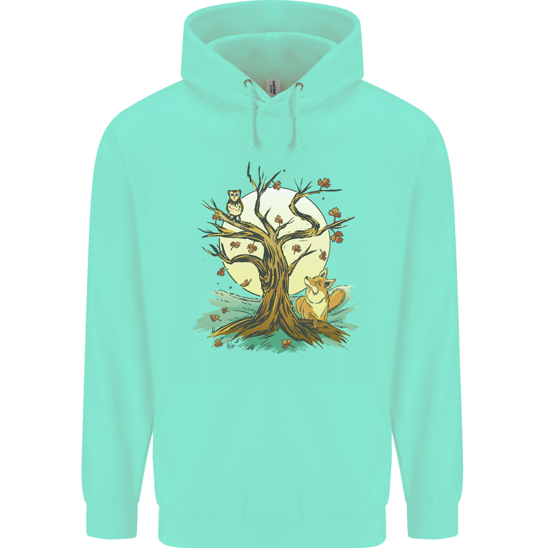 An Owl and Fox Tree Nature Ecology Childrens Kids Hoodie Peppermint