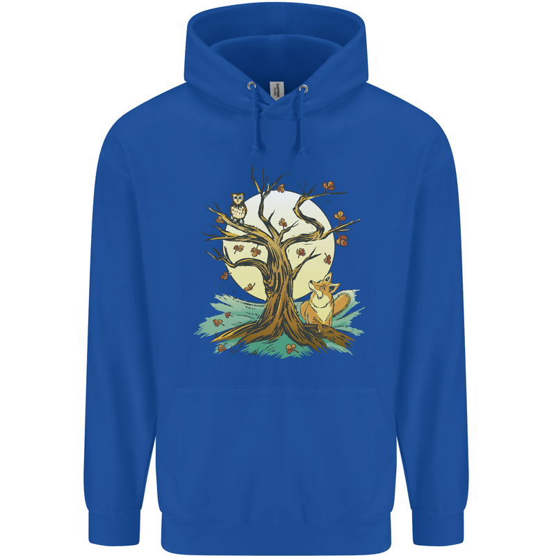 An Owl and Fox Tree Nature Ecology Childrens Kids Hoodie Royal Blue