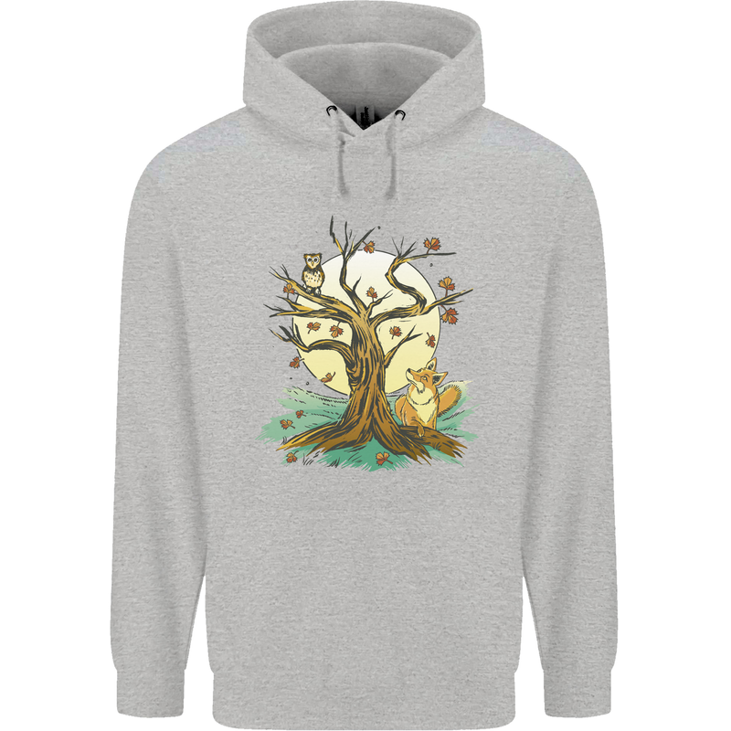 An Owl and Fox Tree Nature Ecology Childrens Kids Hoodie Sports Grey