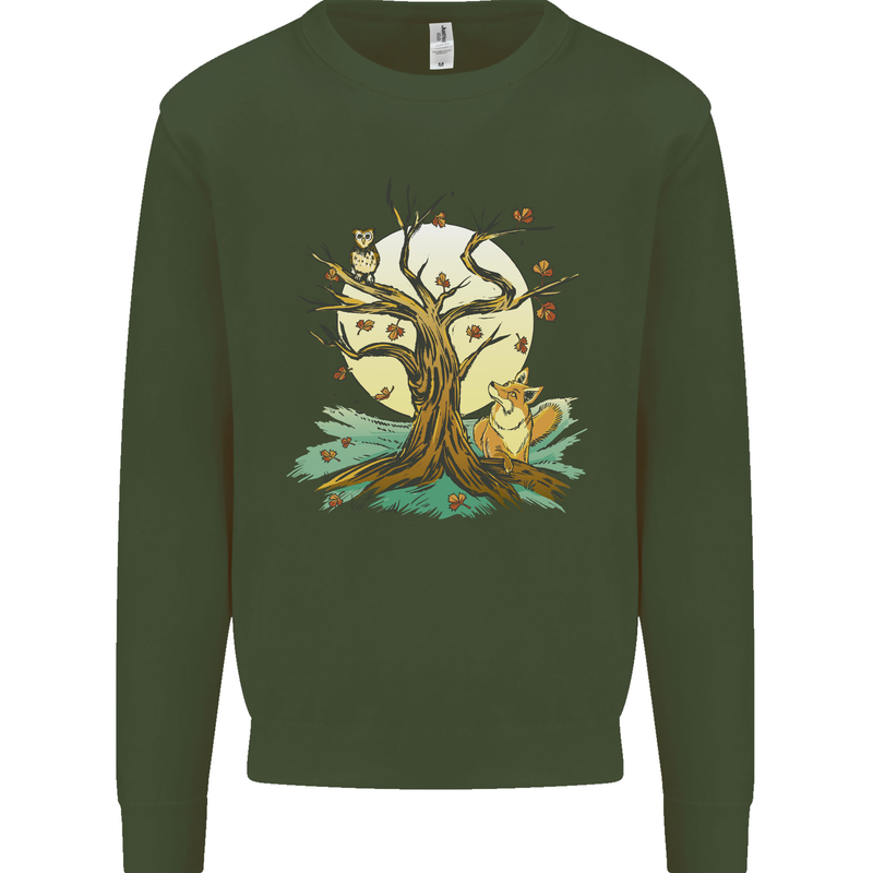 An Owl and Fox Tree Nature Ecology Kids Sweatshirt Jumper Forest Green