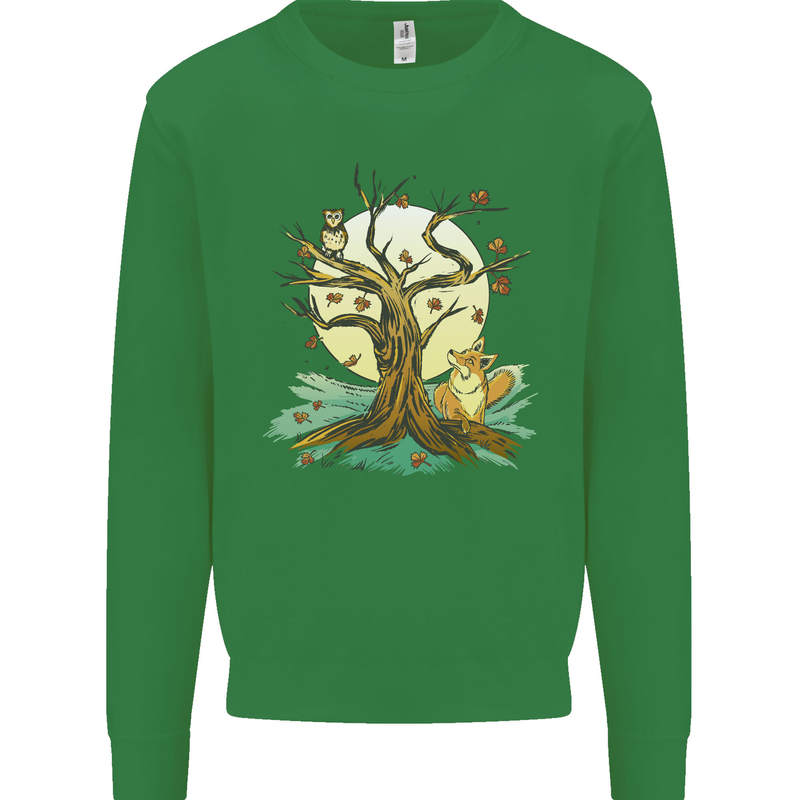 An Owl and Fox Tree Nature Ecology Kids Sweatshirt Jumper Irish Green