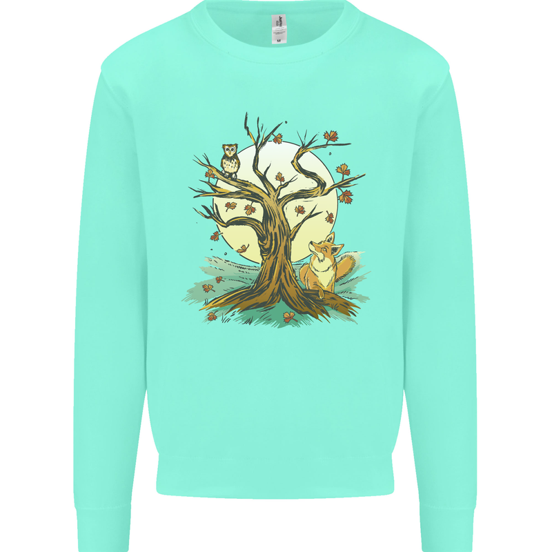 An Owl and Fox Tree Nature Ecology Kids Sweatshirt Jumper Peppermint
