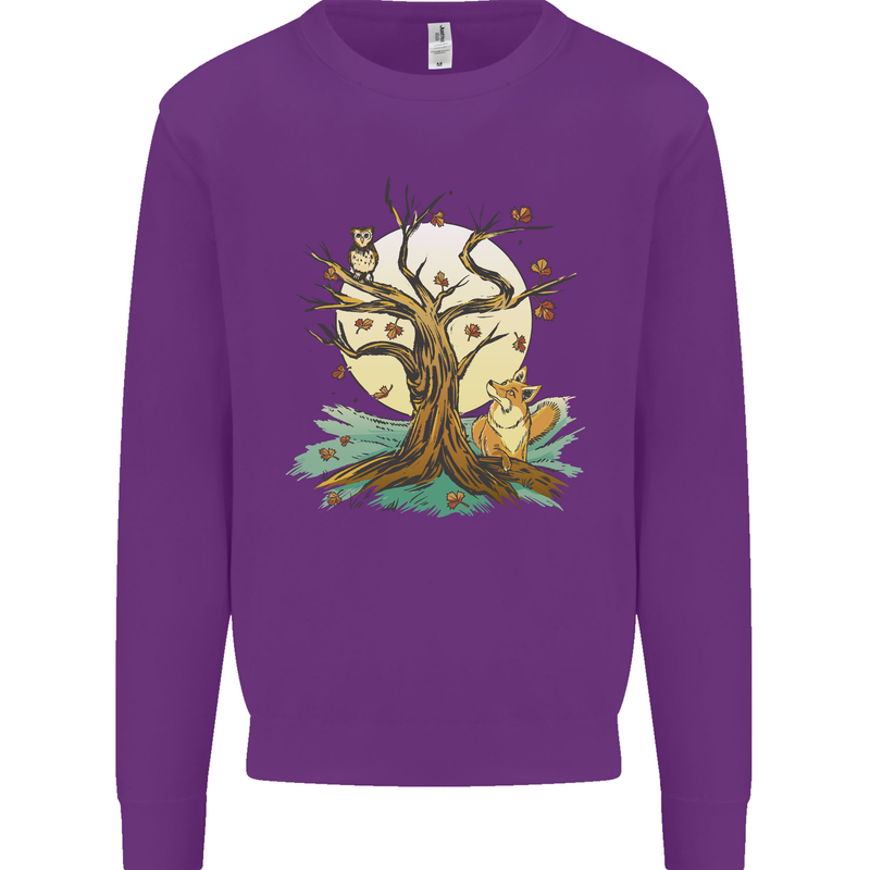 An Owl and Fox Tree Nature Ecology Kids Sweatshirt Jumper Purple