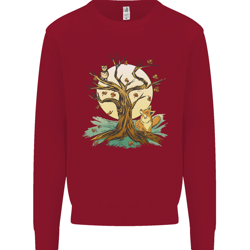 An Owl and Fox Tree Nature Ecology Kids Sweatshirt Jumper Red