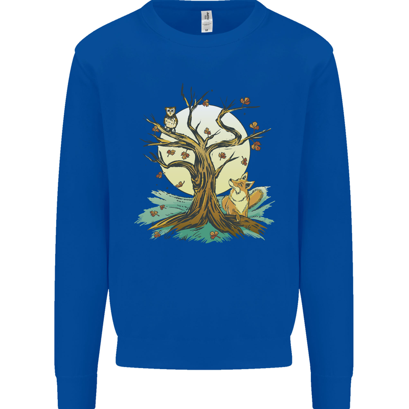 An Owl and Fox Tree Nature Ecology Kids Sweatshirt Jumper Royal Blue