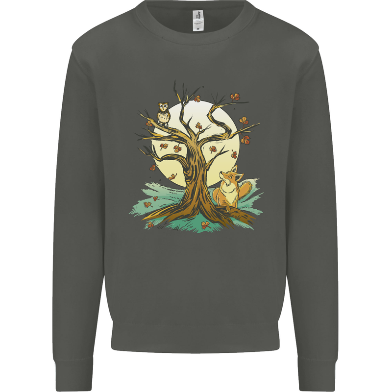 An Owl and Fox Tree Nature Ecology Kids Sweatshirt Jumper Storm Grey