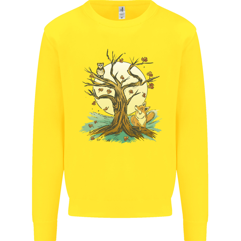 An Owl and Fox Tree Nature Ecology Kids Sweatshirt Jumper Yellow