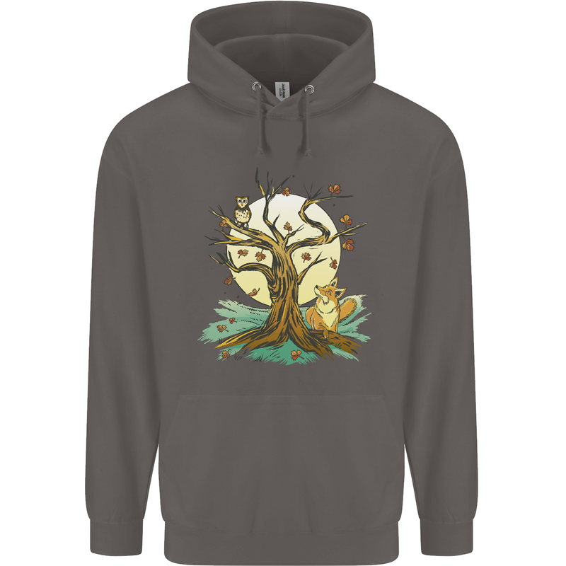 An Owl and Fox Tree Nature Ecology Mens 80% Cotton Hoodie Charcoal