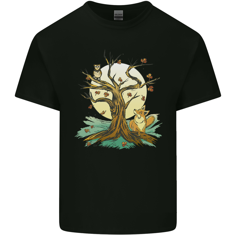 An Owl and Fox Tree Nature Ecology Mens Cotton T-Shirt Tee Top Black
