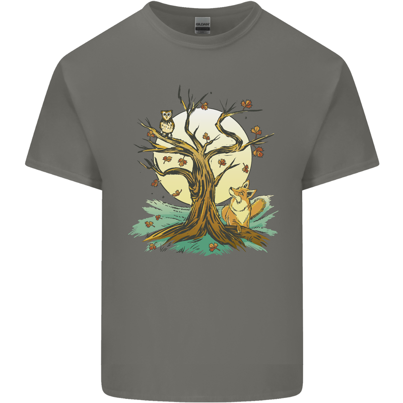 An Owl and Fox Tree Nature Ecology Mens Cotton T-Shirt Tee Top Charcoal