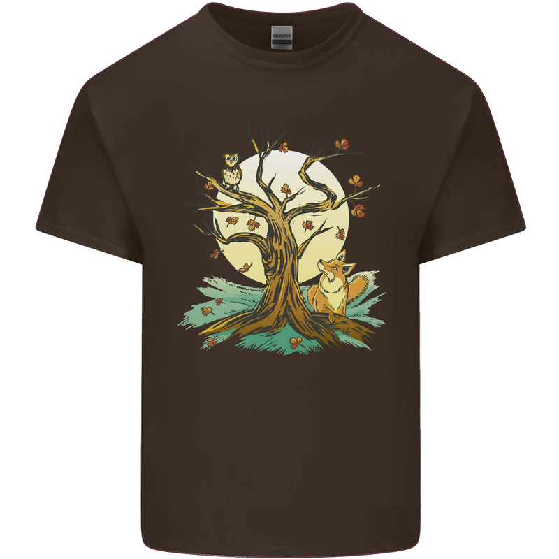 An Owl and Fox Tree Nature Ecology Mens Cotton T-Shirt Tee Top Dark Chocolate