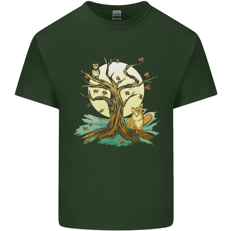 An Owl and Fox Tree Nature Ecology Mens Cotton T-Shirt Tee Top Forest Green