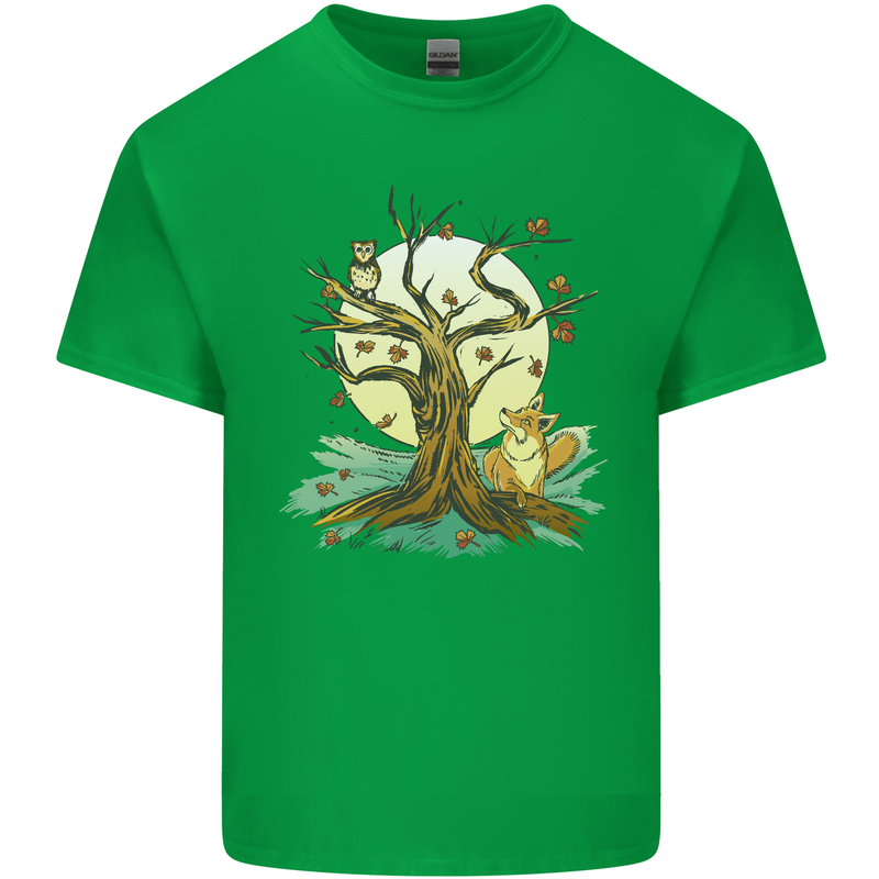 An Owl and Fox Tree Nature Ecology Mens Cotton T-Shirt Tee Top Irish Green