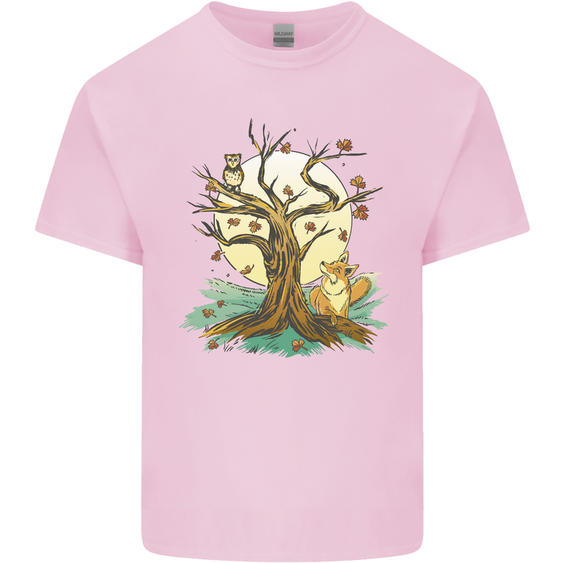 An Owl and Fox Tree Nature Ecology Mens Cotton T-Shirt Tee Top Light Pink