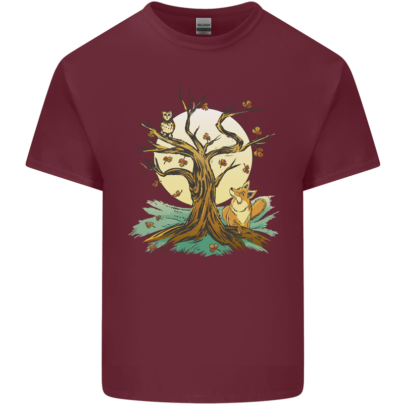 An Owl and Fox Tree Nature Ecology Mens Cotton T-Shirt Tee Top Maroon