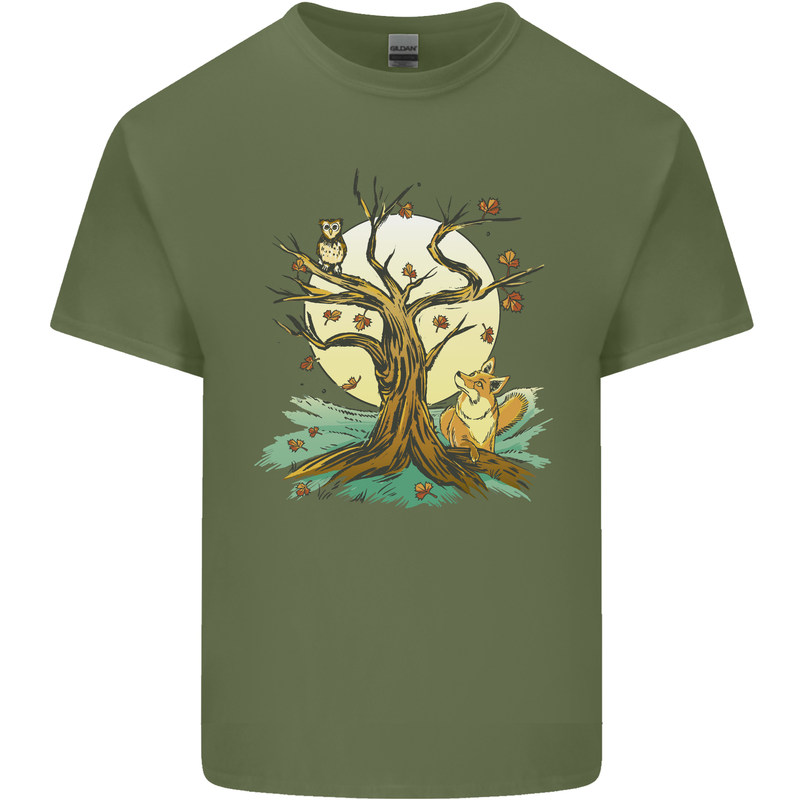 An Owl and Fox Tree Nature Ecology Mens Cotton T-Shirt Tee Top Military Green