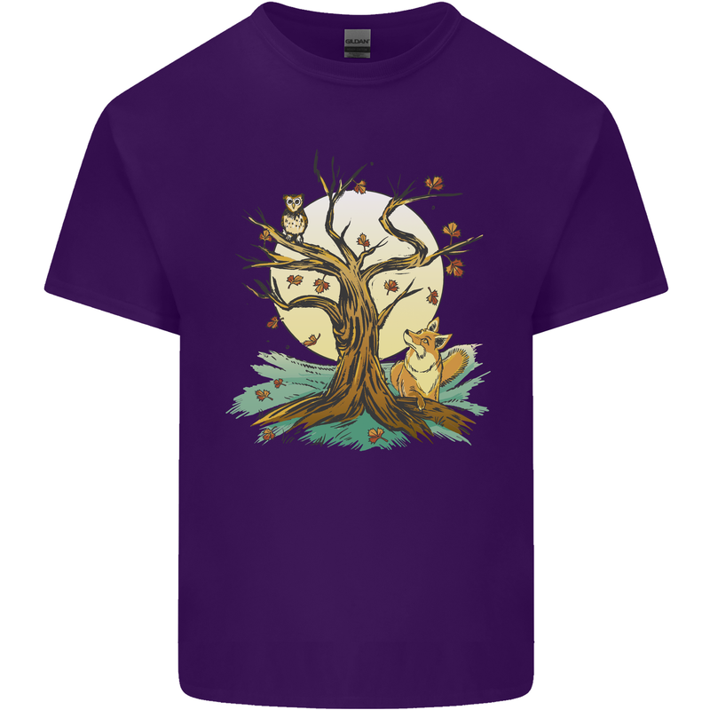 An Owl and Fox Tree Nature Ecology Mens Cotton T-Shirt Tee Top Purple