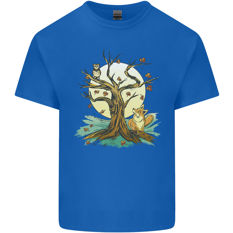 An Owl and Fox Tree Nature Ecology Mens Cotton T-Shirt Tee Top Royal Blue