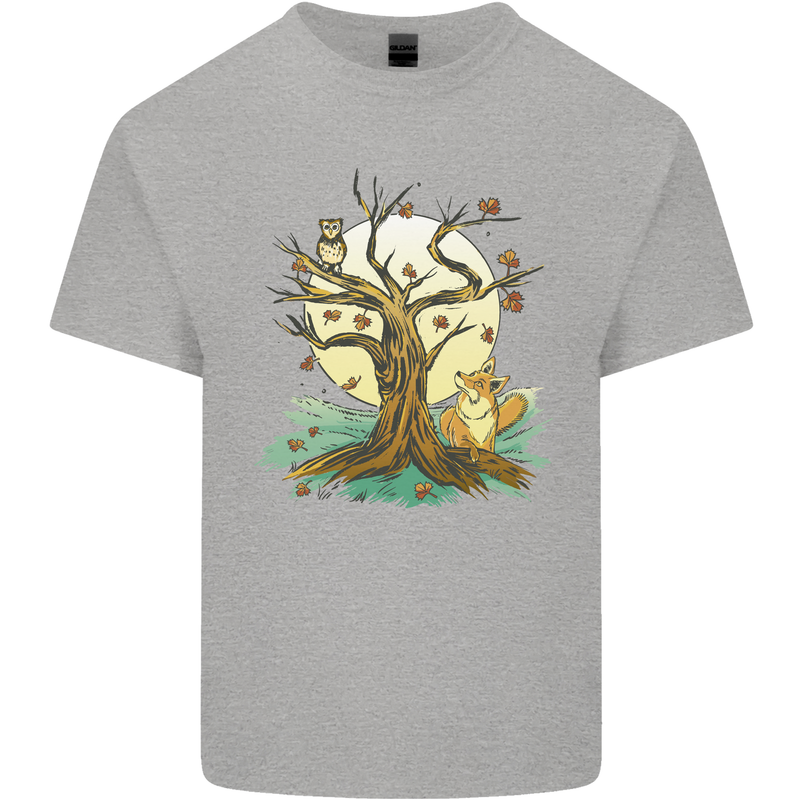 An Owl and Fox Tree Nature Ecology Mens Cotton T-Shirt Tee Top Sports Grey