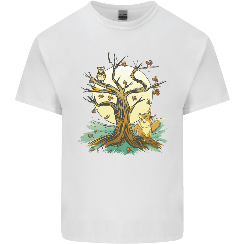 An Owl and Fox Tree Nature Ecology Mens Cotton T-Shirt Tee Top White