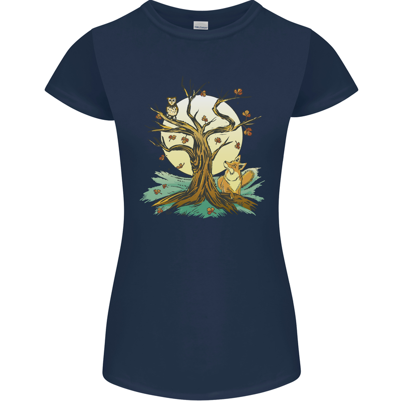 An Owl and Fox Tree Nature Ecology Womens Petite Cut T-Shirt Navy Blue