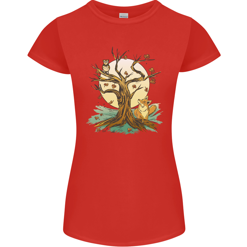 An Owl and Fox Tree Nature Ecology Womens Petite Cut T-Shirt Red