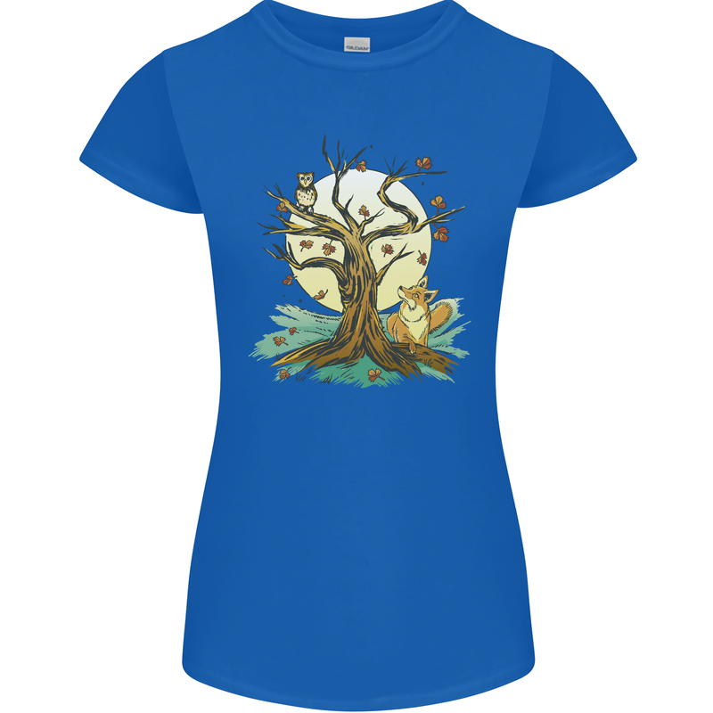 An Owl and Fox Tree Nature Ecology Womens Petite Cut T-Shirt Royal Blue