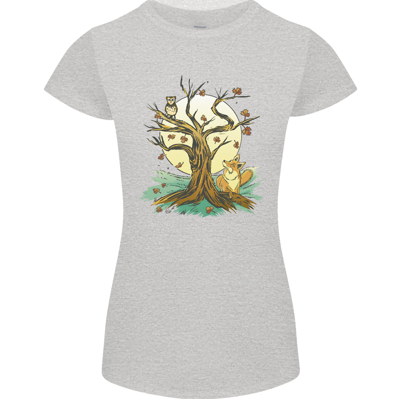 An Owl and Fox Tree Nature Ecology Womens Petite Cut T-Shirt Sports Grey