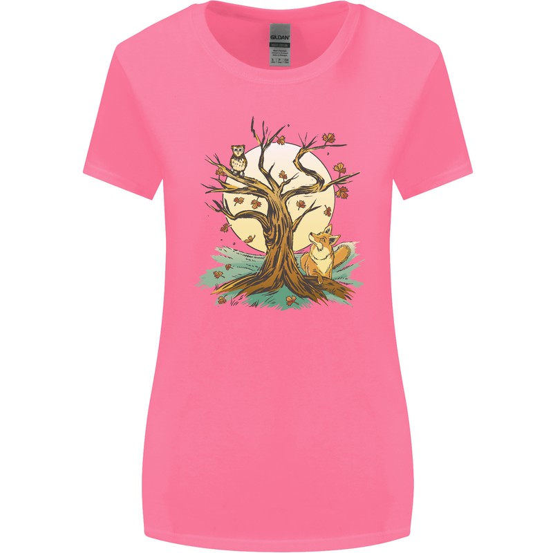 An Owl and Fox Tree Nature Ecology Womens Wider Cut T-Shirt Azalea