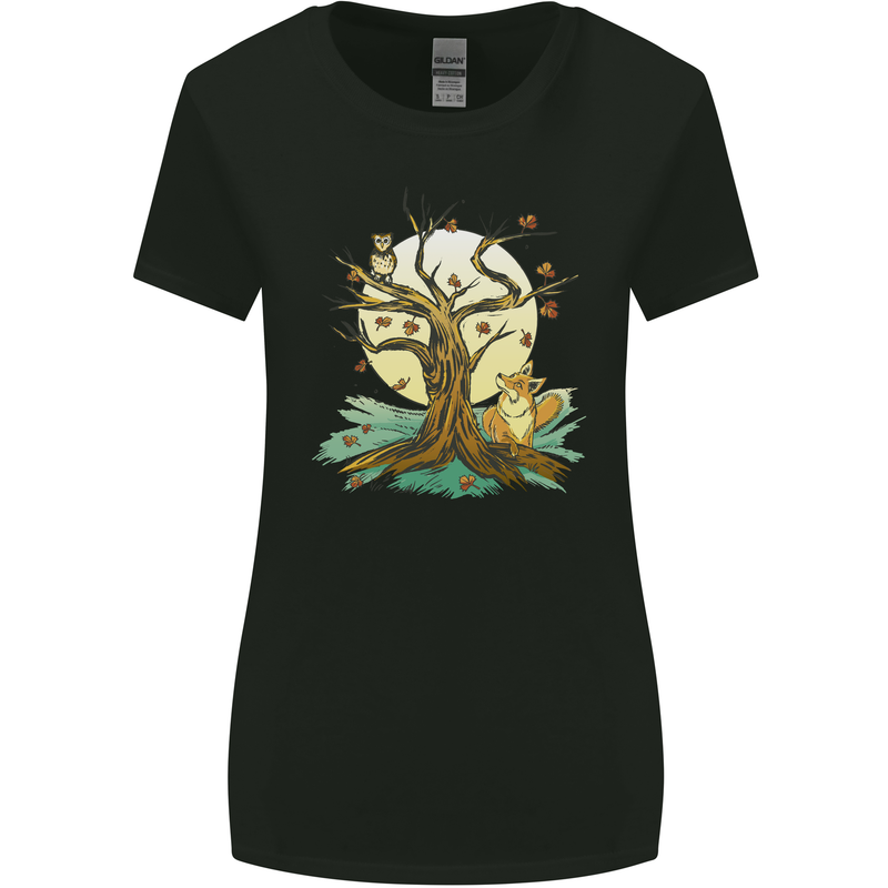 An Owl and Fox Tree Nature Ecology Womens Wider Cut T-Shirt Black