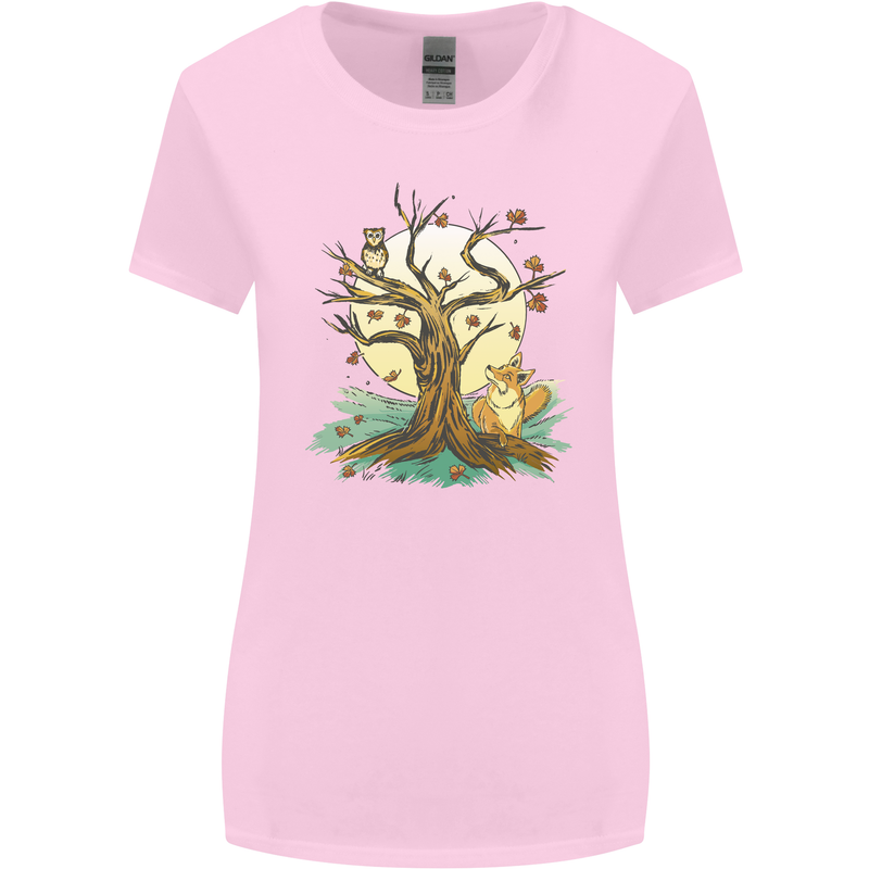 An Owl and Fox Tree Nature Ecology Womens Wider Cut T-Shirt Light Pink