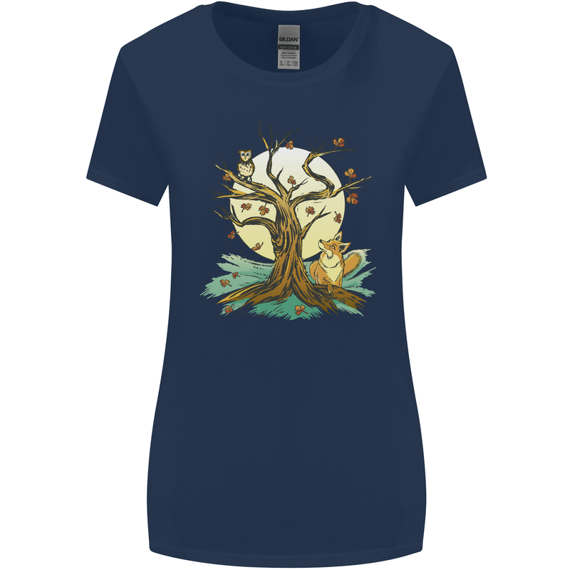 An Owl and Fox Tree Nature Ecology Womens Wider Cut T-Shirt Navy Blue
