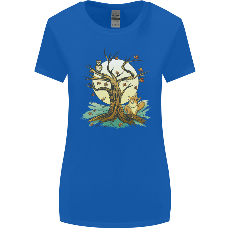 An Owl and Fox Tree Nature Ecology Womens Wider Cut T-Shirt Royal Blue