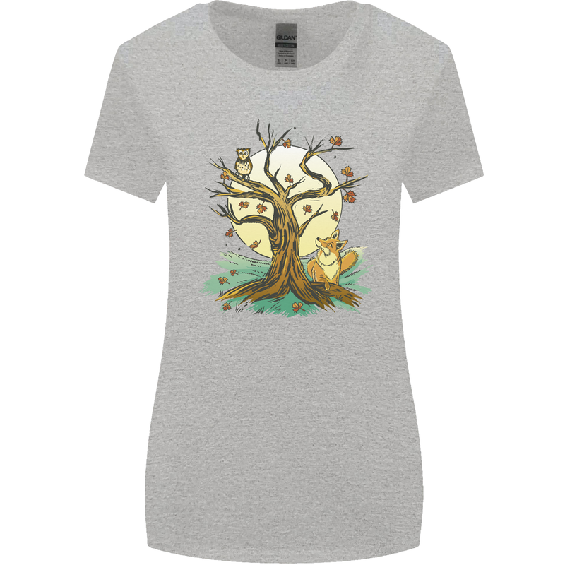 An Owl and Fox Tree Nature Ecology Womens Wider Cut T-Shirt Sports Grey