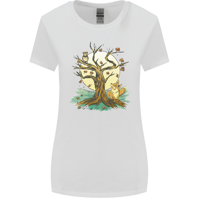 An Owl and Fox Tree Nature Ecology Womens Wider Cut T-Shirt White